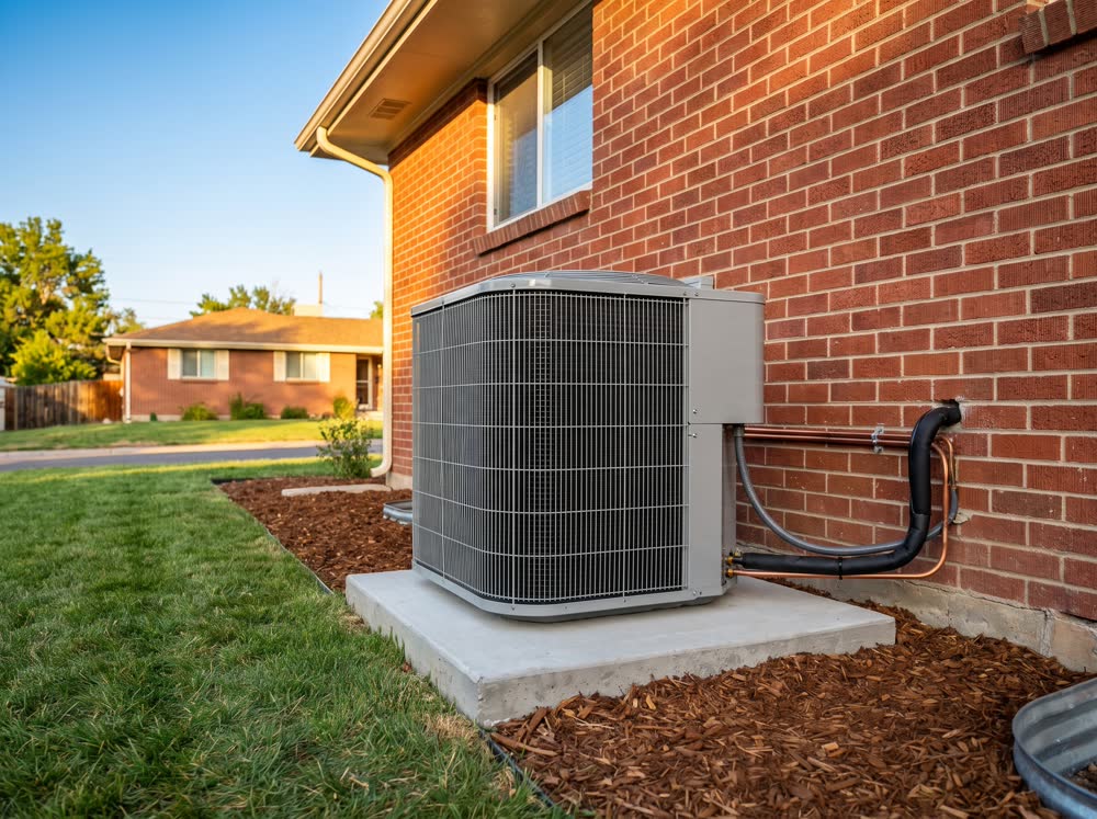 A new air conditioner condenser installed beside a brick home