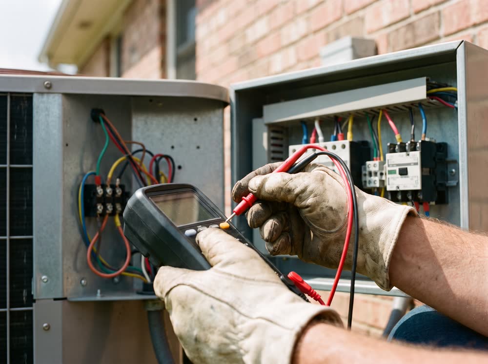 A technician testing the electrical panel of an outdoor AC unit