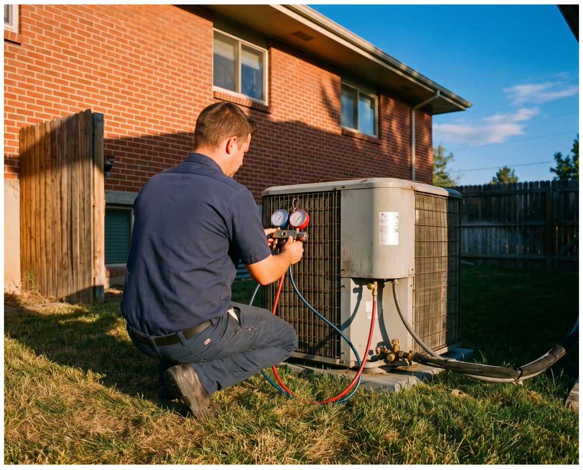 A technician servicing an outdoor air conditioner beside a Denver home