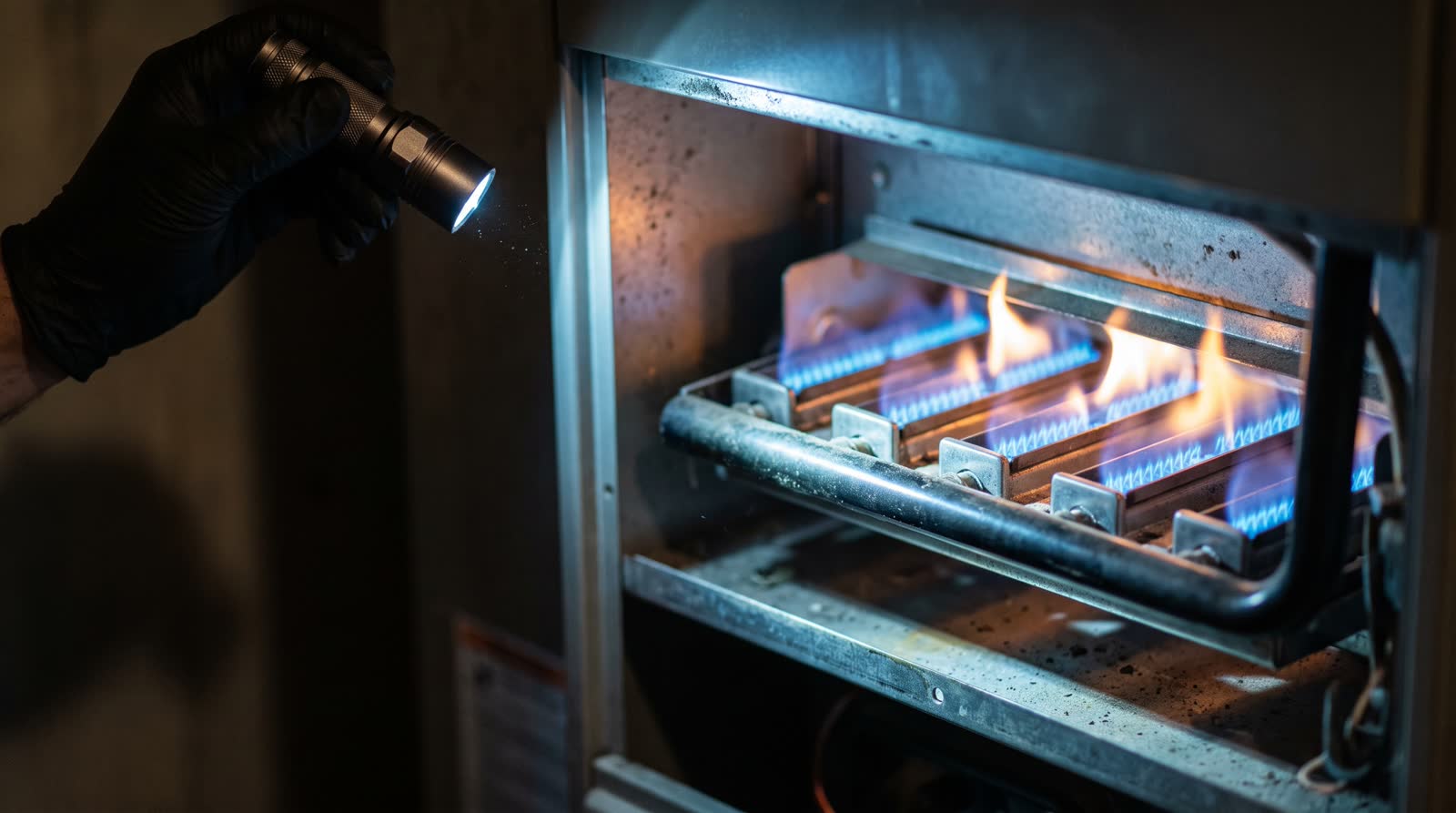 Furnace burners lit with clean blue flames