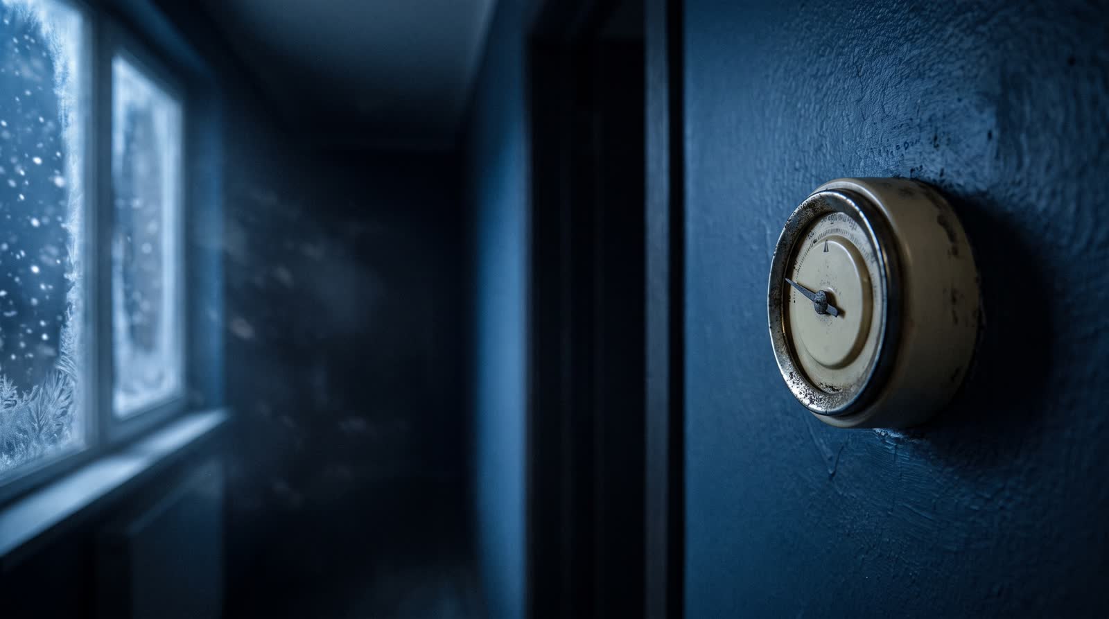 A dial thermostat in a cold, dark hallway with frost on the window