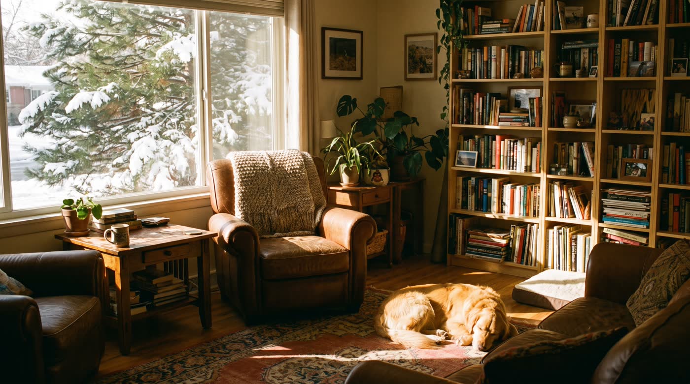A warm Denver living room on a snowy winter morning