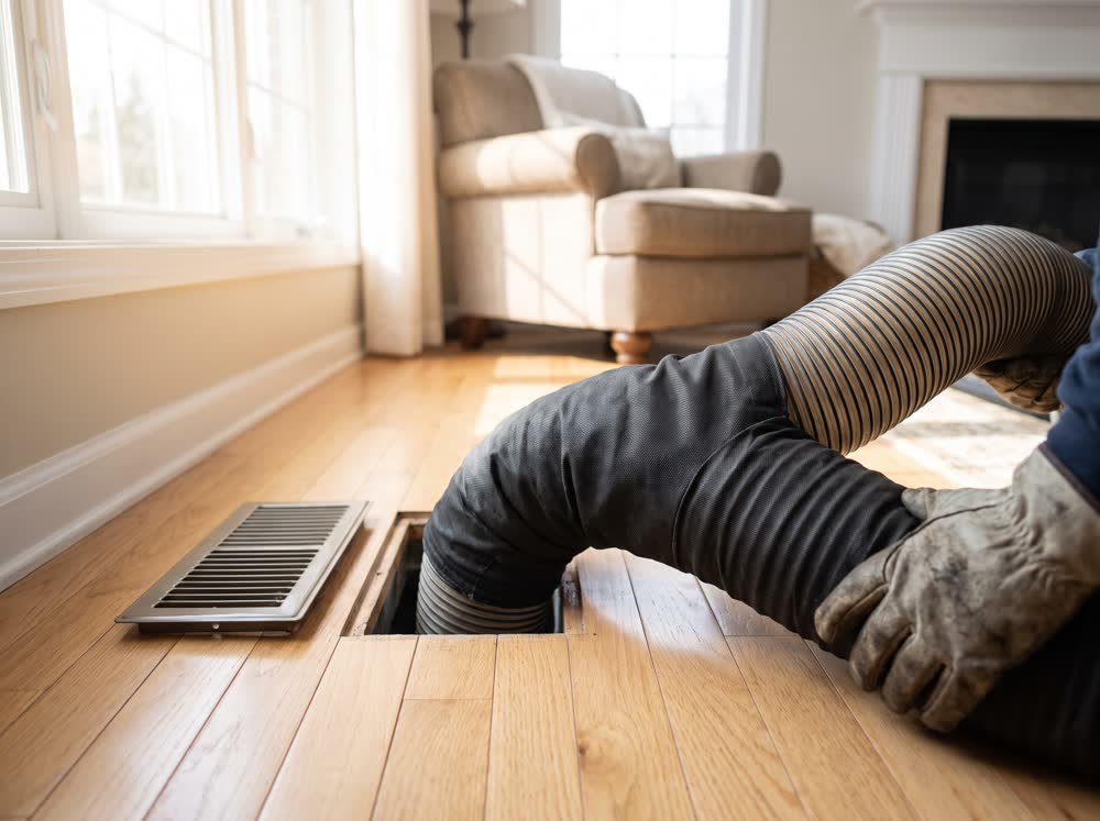 A vacuum hose sealed into a floor duct during a duct cleaning