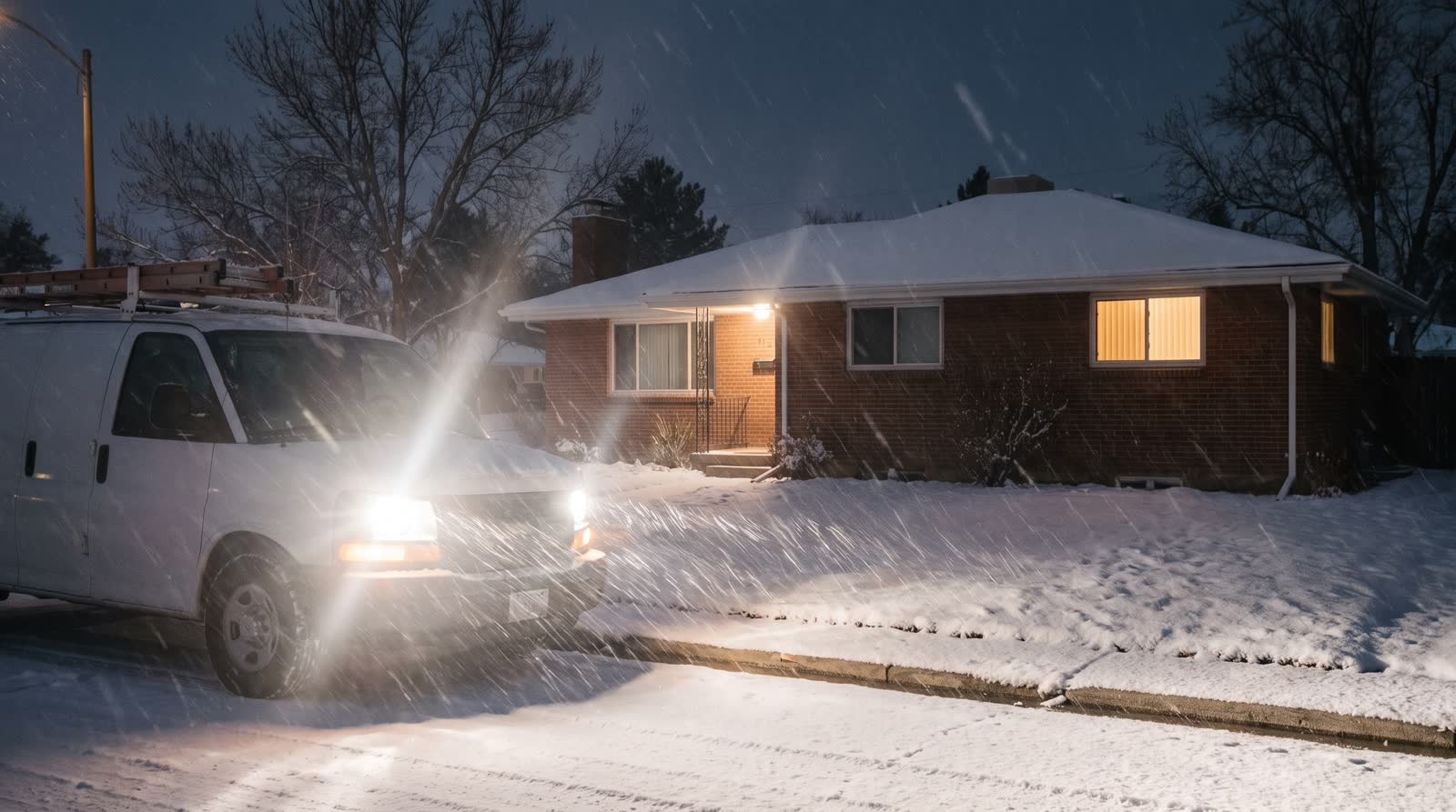 A service van at the curb of a snowy Denver home at night, headlights on