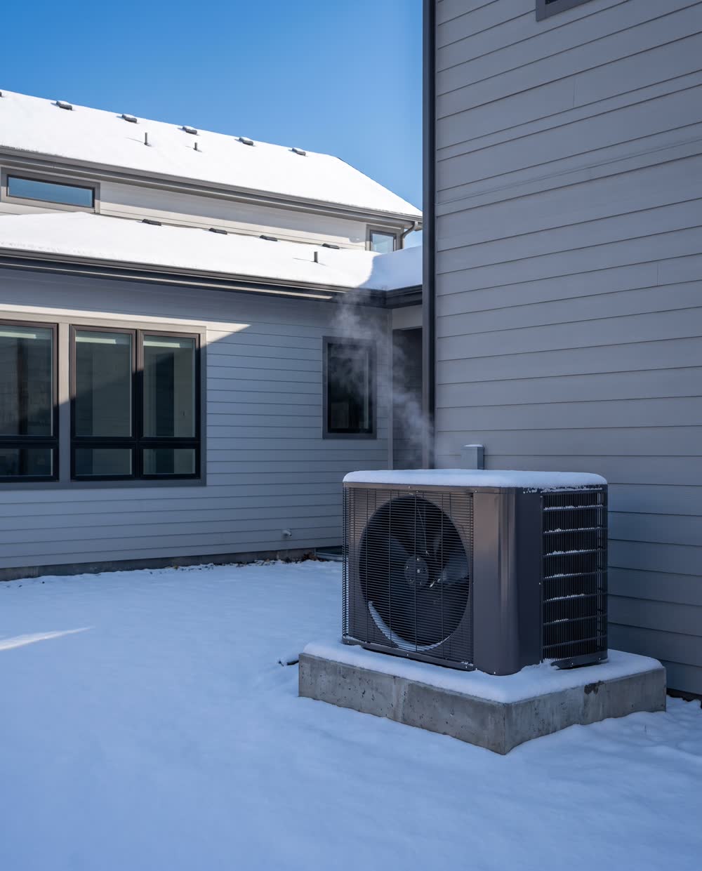 A heat pump outside a modern home in fresh snow