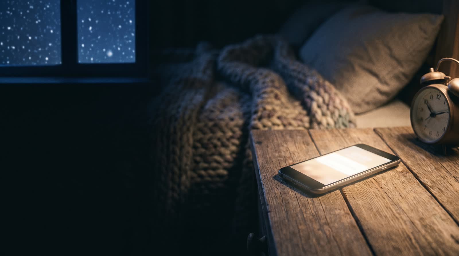 A phone glowing on a nightstand while snow falls outside
