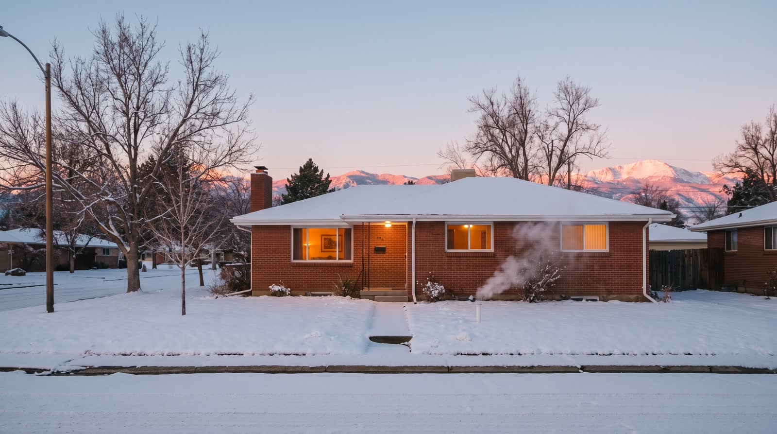 The same home at sunrise, warm windows, the Front Range lit pink behind it