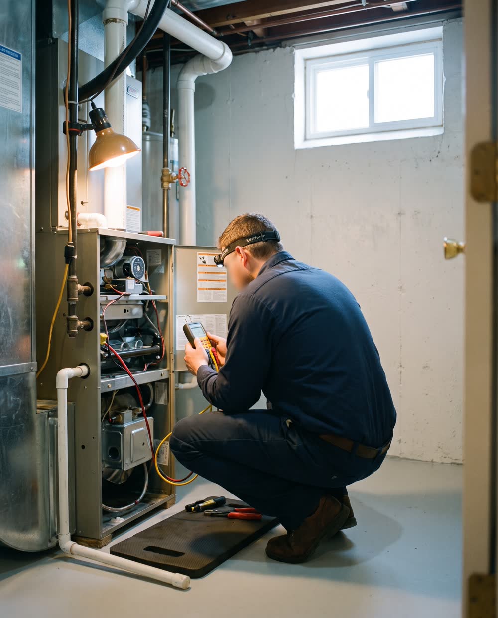 A technician servicing a gas furnace in a basement