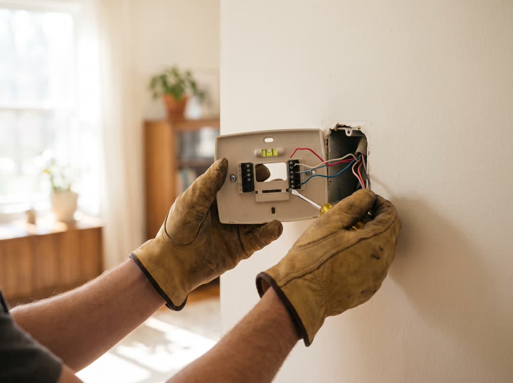 A technician wiring a new wall thermostat in a bright room
